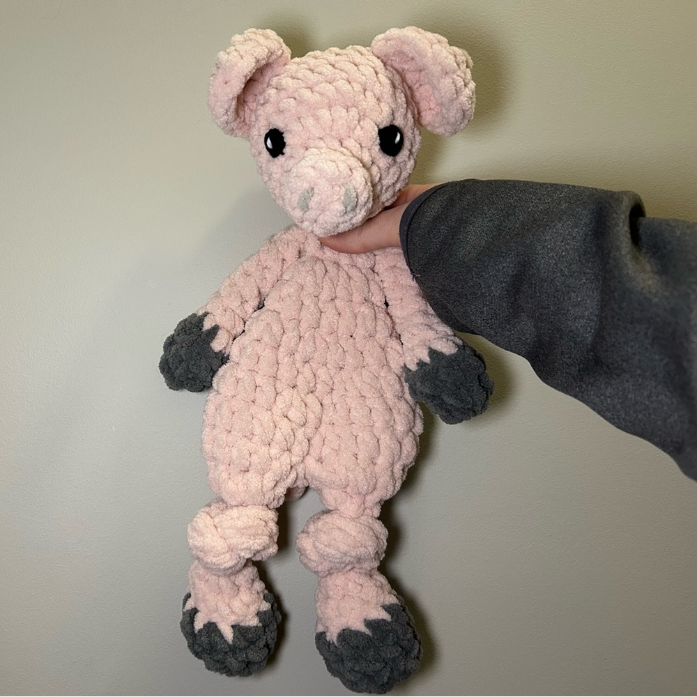 Handcrafted crochet pig knotted snuggler lovey